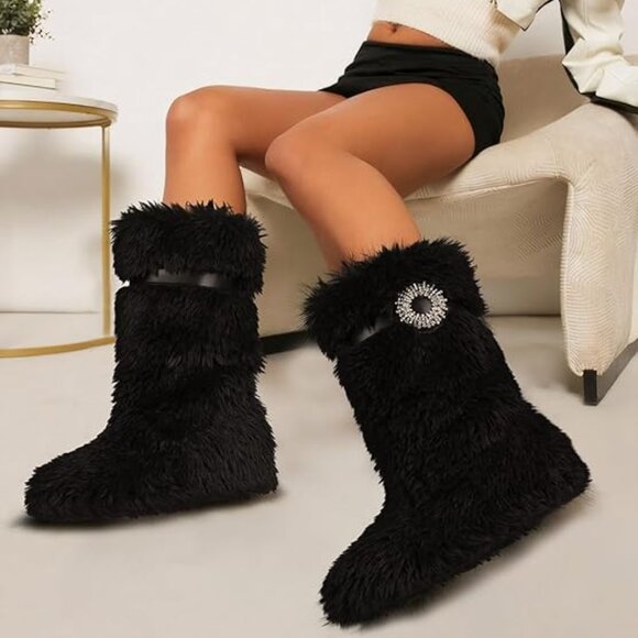 Faux Fur Winter Black Boots - Picture 1 of 7